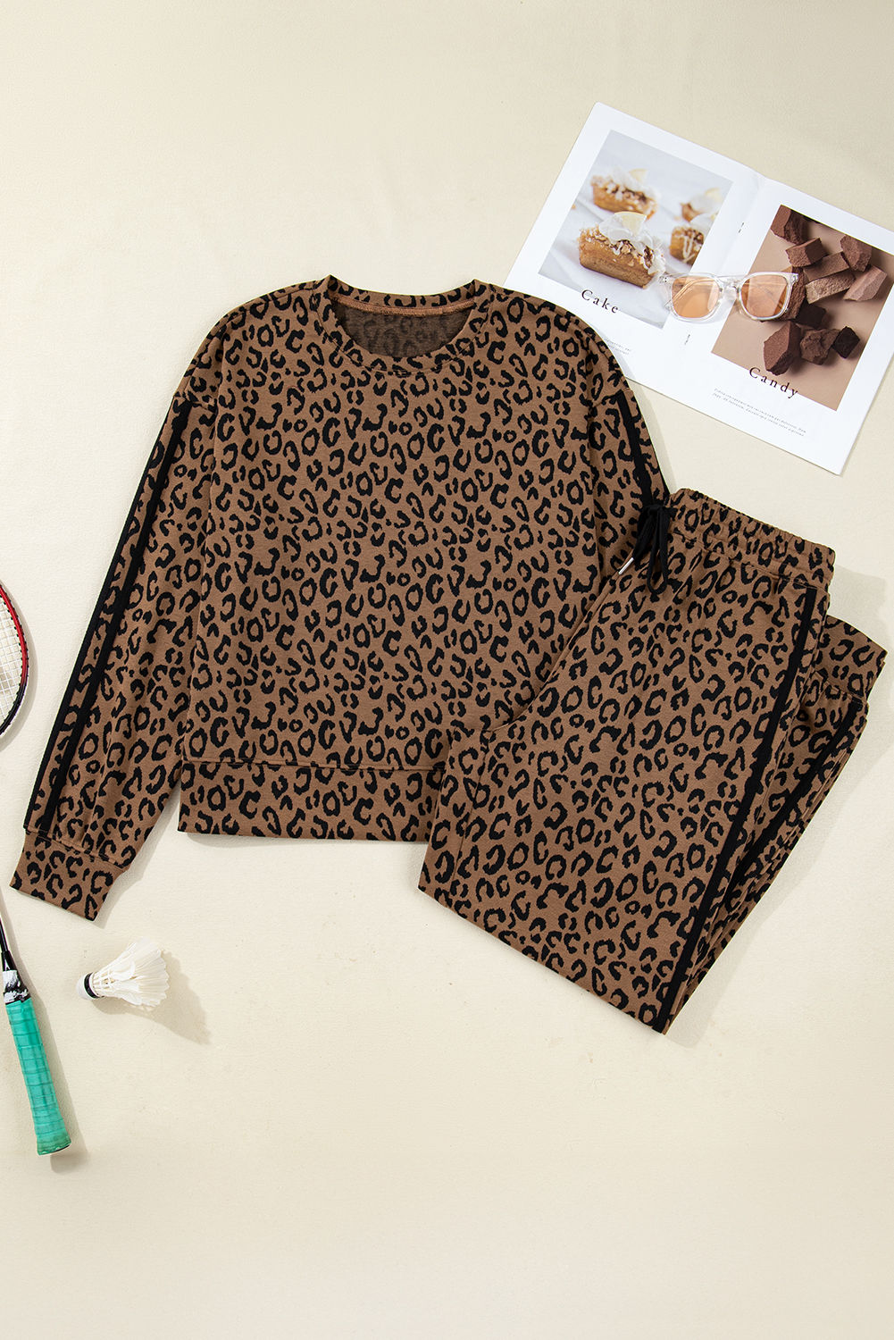 Brown Varsity Striped Trim Leopard Long Sleeve Top Drawstring Pant Set