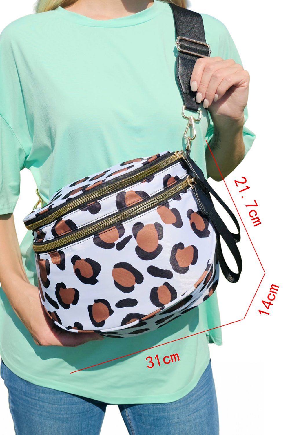 Jungle Green Double Zip Crescent Shape Adjustable Sling Bag