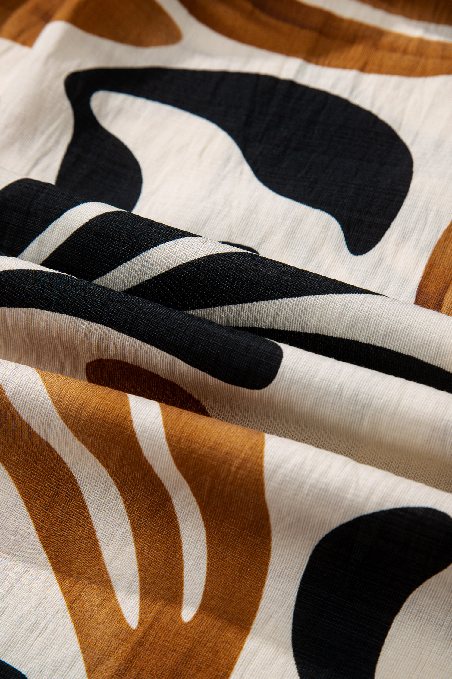 Brown Tropical Printed Contrast Trim Neck Long Sleeve Ruffle Hem Dress