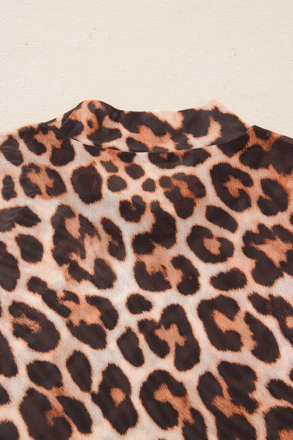 Brown Leopard Mock Neck Long Sleeve Mesh Top