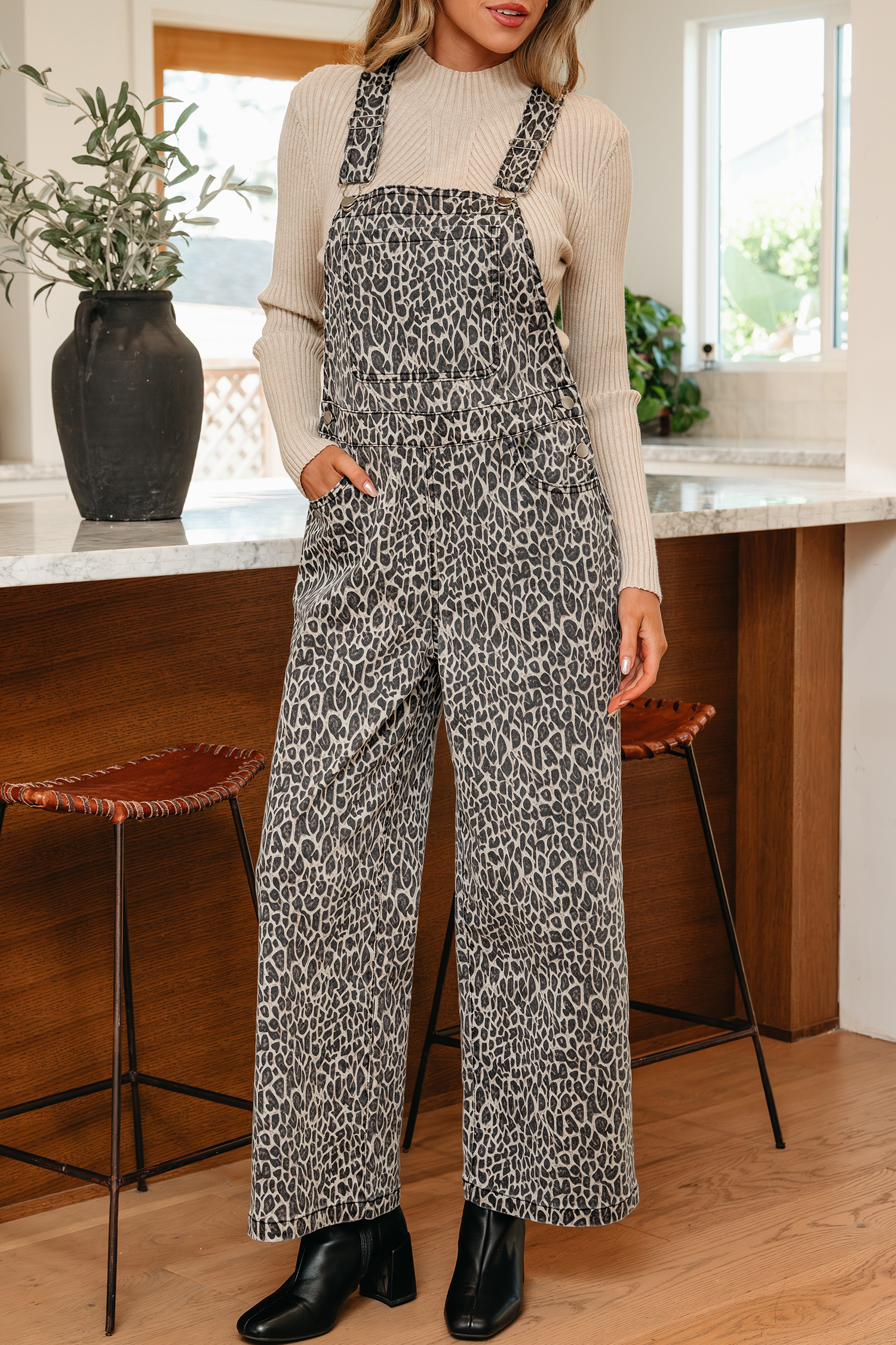 Brown  Leopard Print Straight Leg Loose Denim Overall Jumpsuit