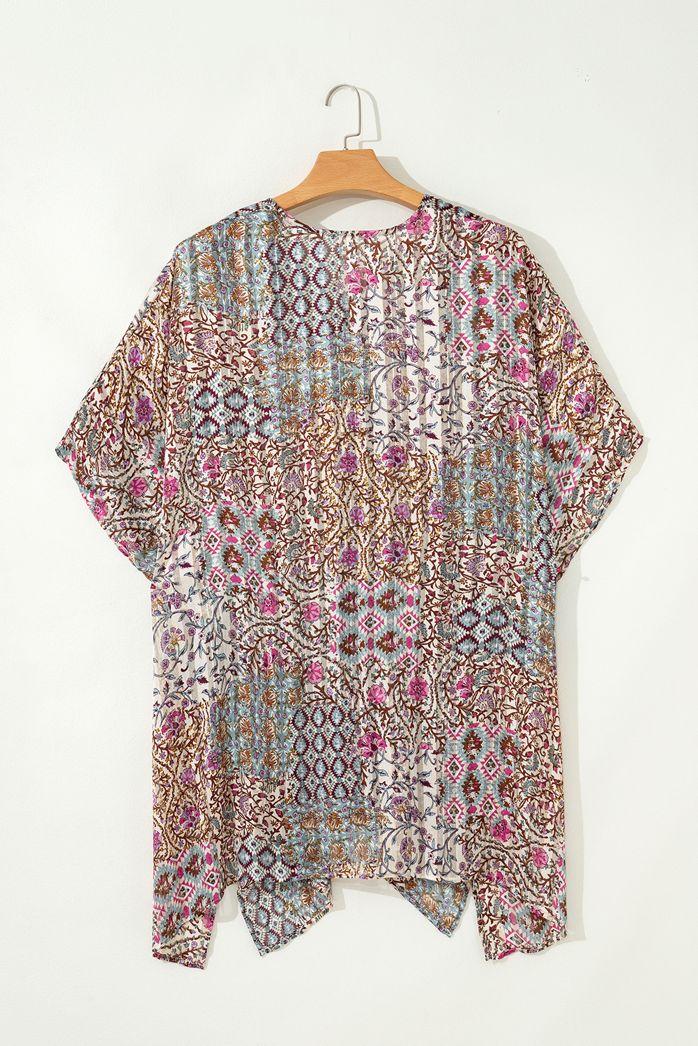 Apricot Floral Print Short Wide Sleeve Open Front Loose Kimono