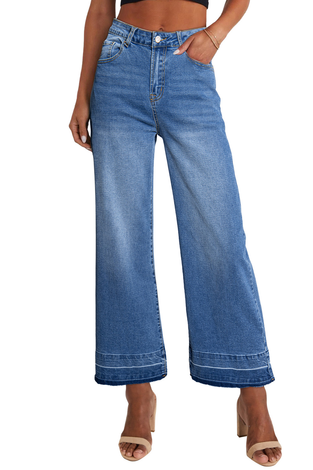 Gray Raw Hem Straight Leg Loose High Waist Jeans