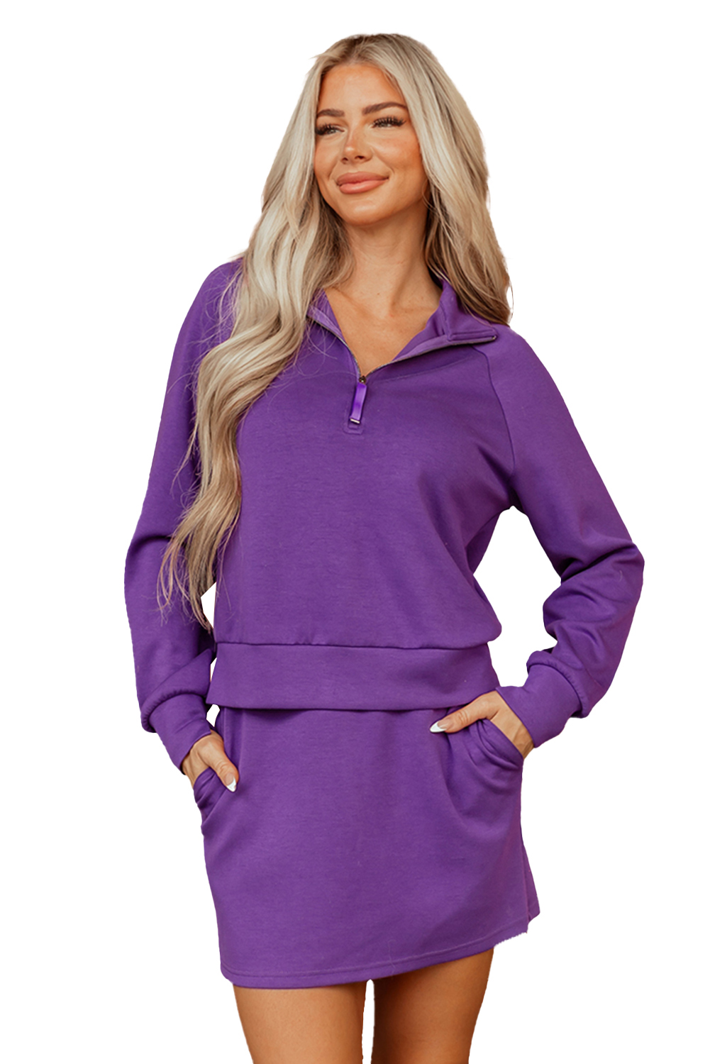 Dark Blue Half Zip Sporty Pullover Mini Skort 2pcs Outfit