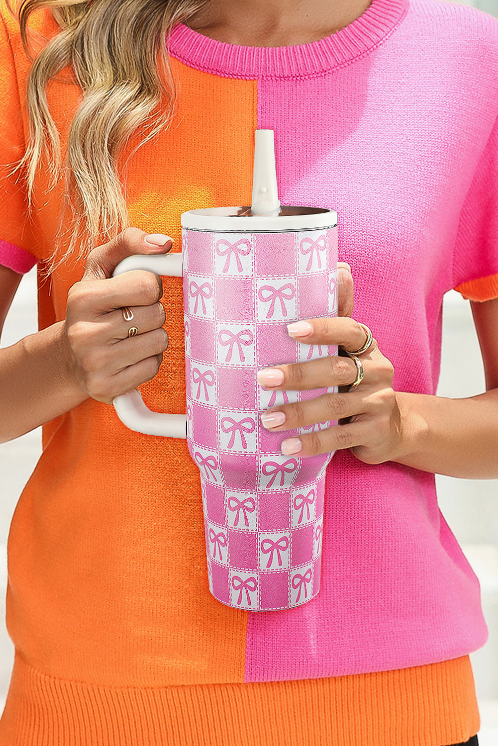 Bonbon Bow Knot Checkered Print Handle Large Tumbler 40OZ