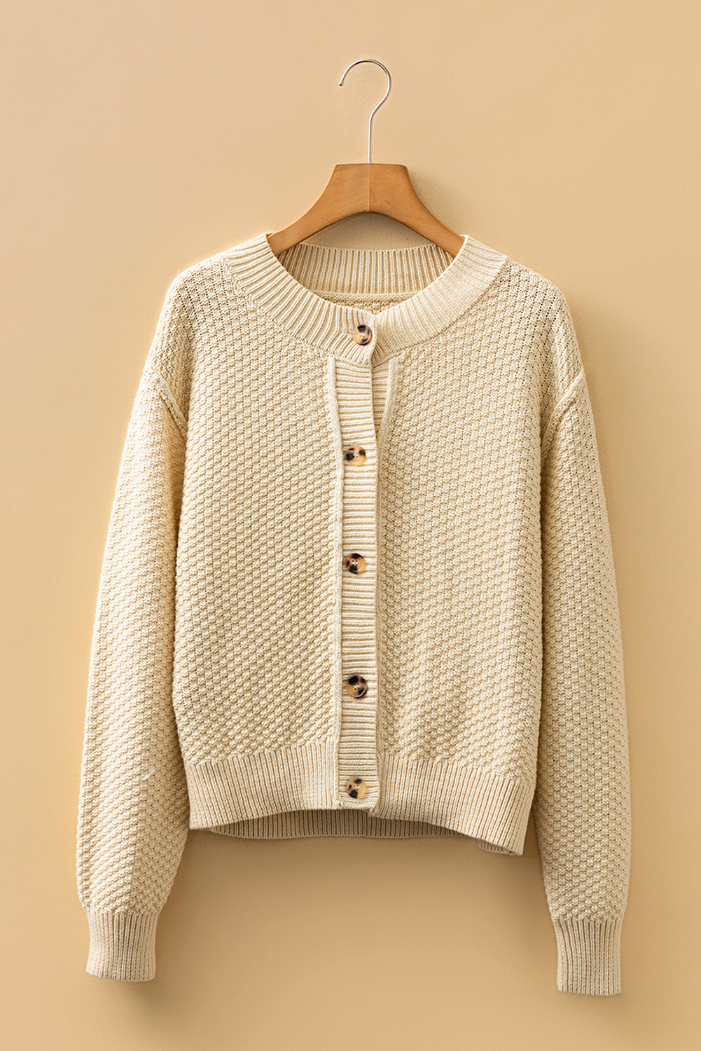Beige Button Front Cropped Cardigan Sweater