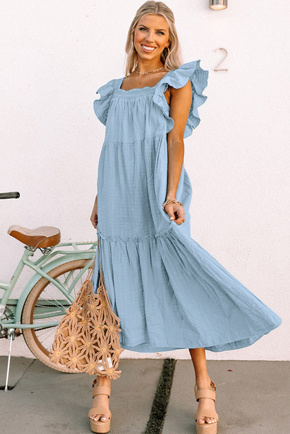 Sky Blue Ruffled Flutter Sleeve Square Neck Textured Tiered Maxi Dress