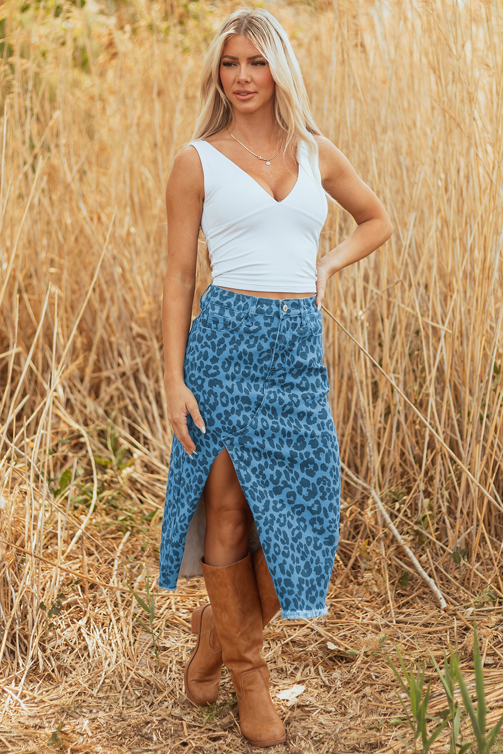 Brown Leopard Denim Frayed Split Denim Midi Skirt