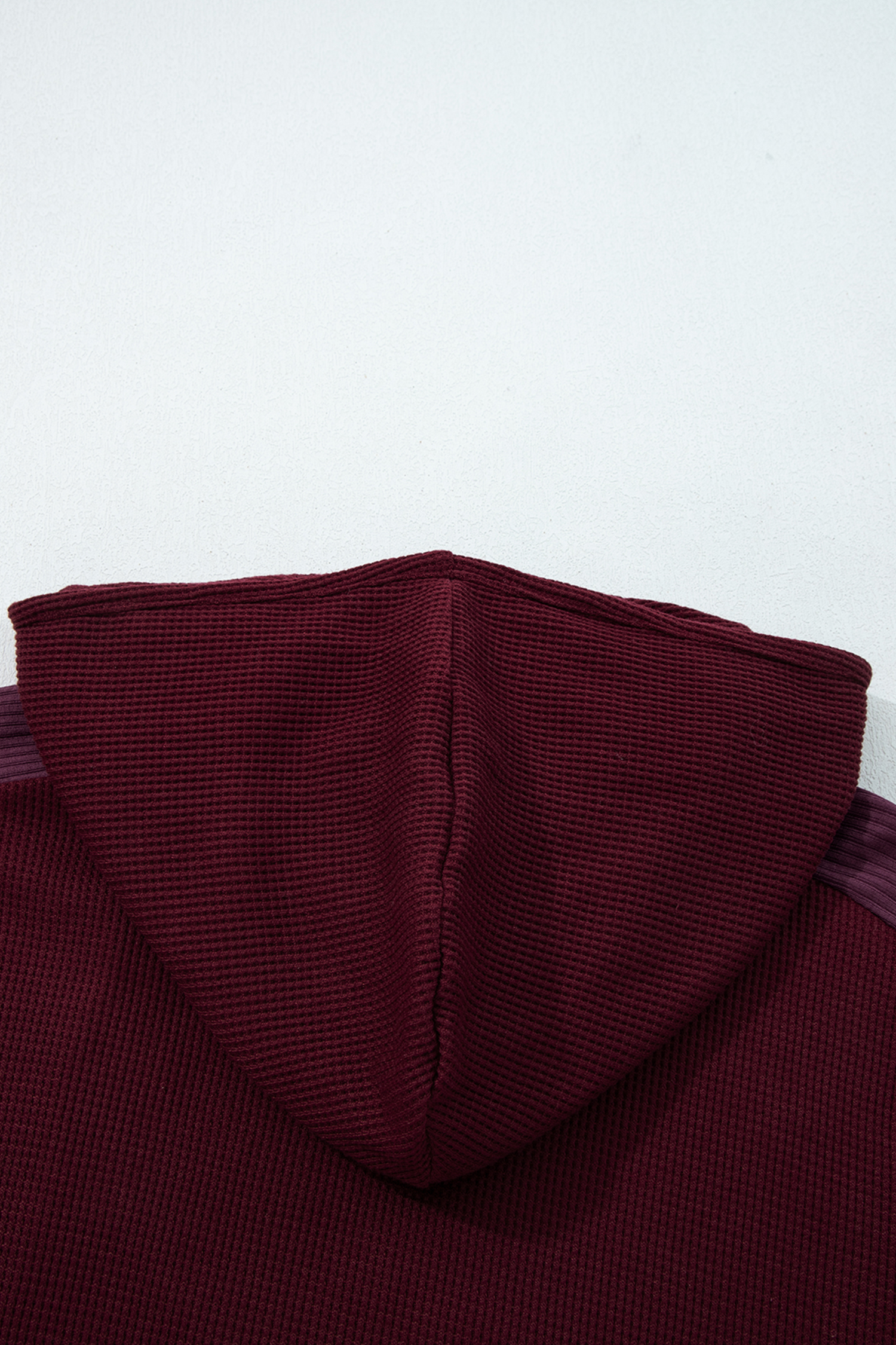 Burgundy Waffle Splicing Zip Up Front Button Hooded Jacket