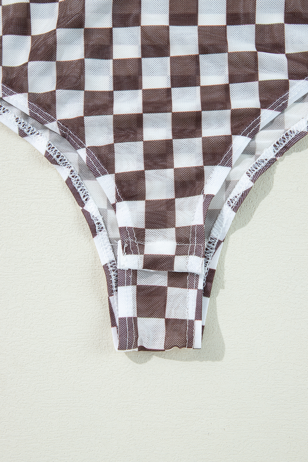 Khaki Checkered Pattern Mesh Mock Neck Long Sleeve Top