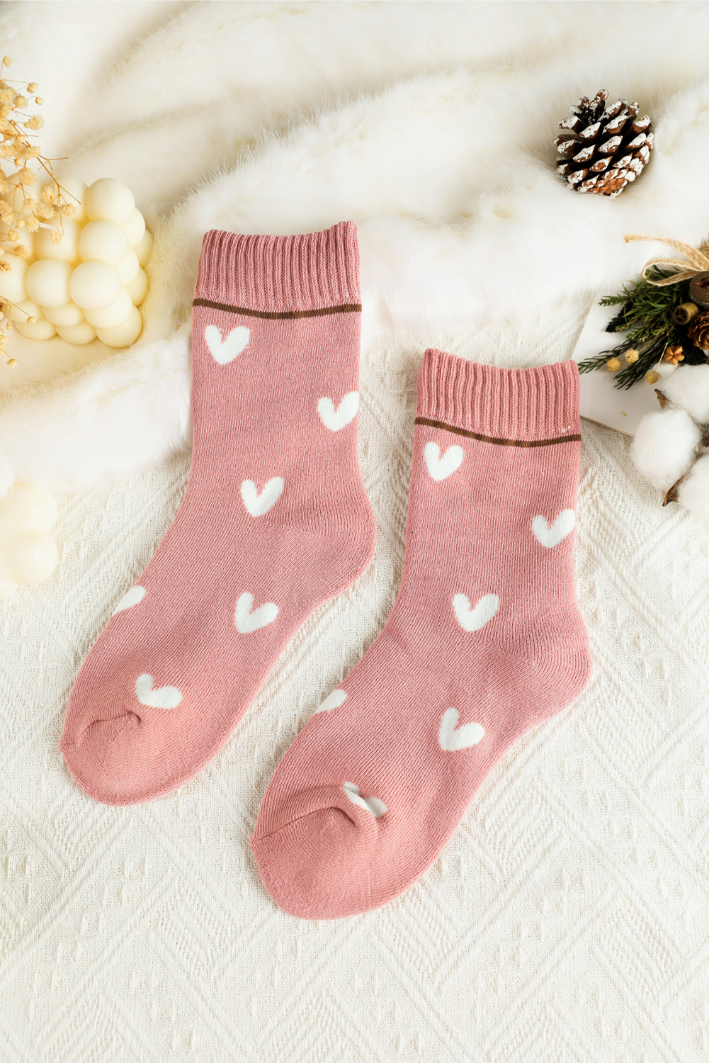 Pink Contrast Heart Print Ribbed Cuff Womens Crew Socks