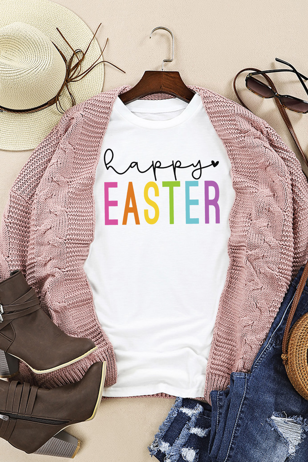 White Rabbit Bow Knot Print Crew Neck T Shirt