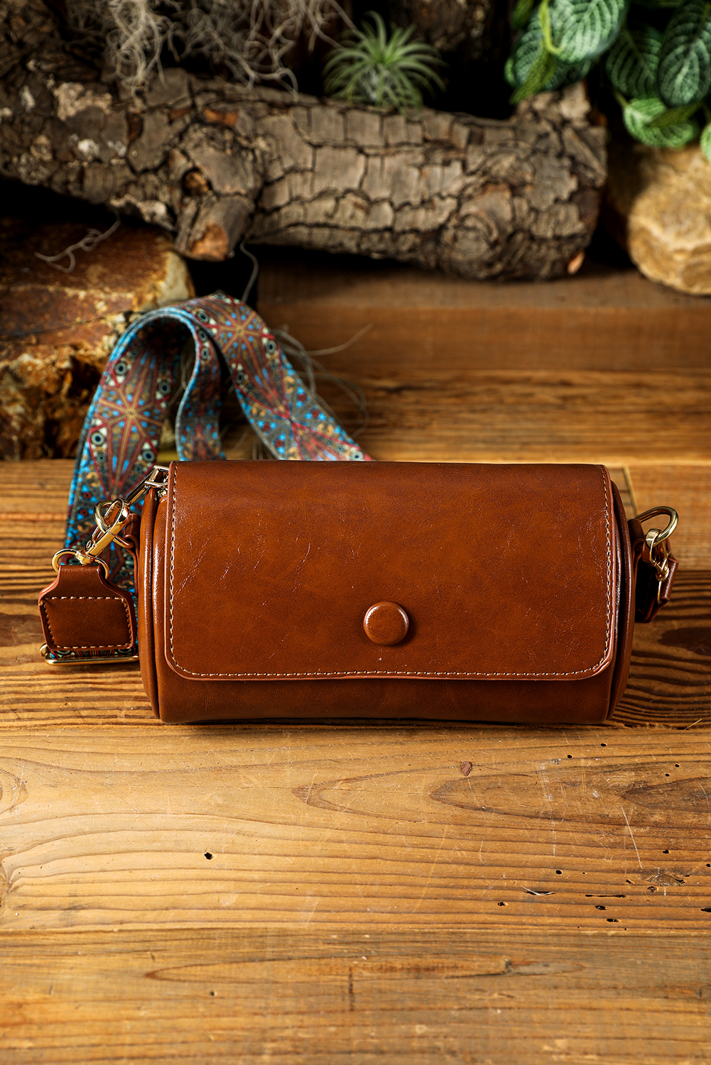 Chestnut PU Leather Flap Shoulder Bag with Retro Print Wide Strap
