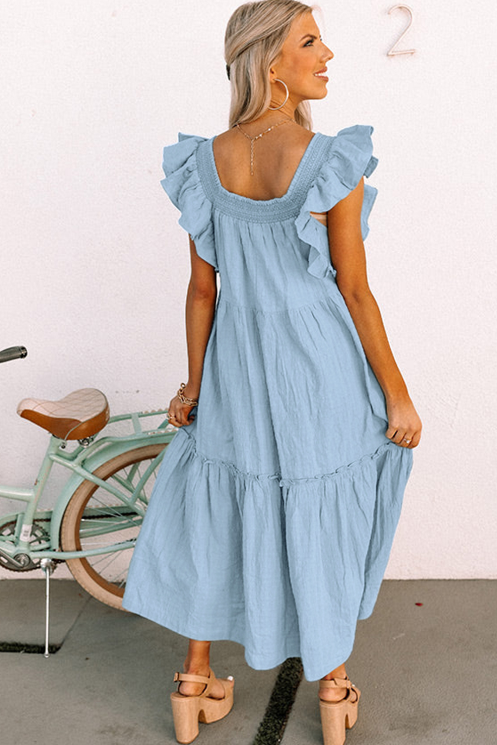 Sky Blue Ruffled Flutter Sleeve Square Neck Textured Tiered Maxi Dress