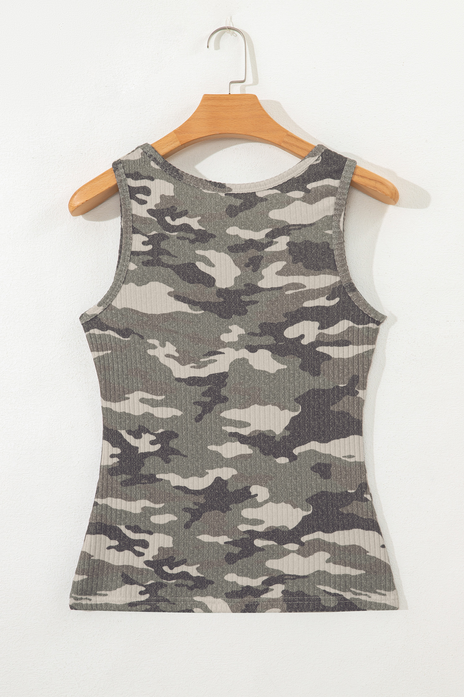 Gray Camouflage Print Ribbed Knit Round Neck Tank Top
