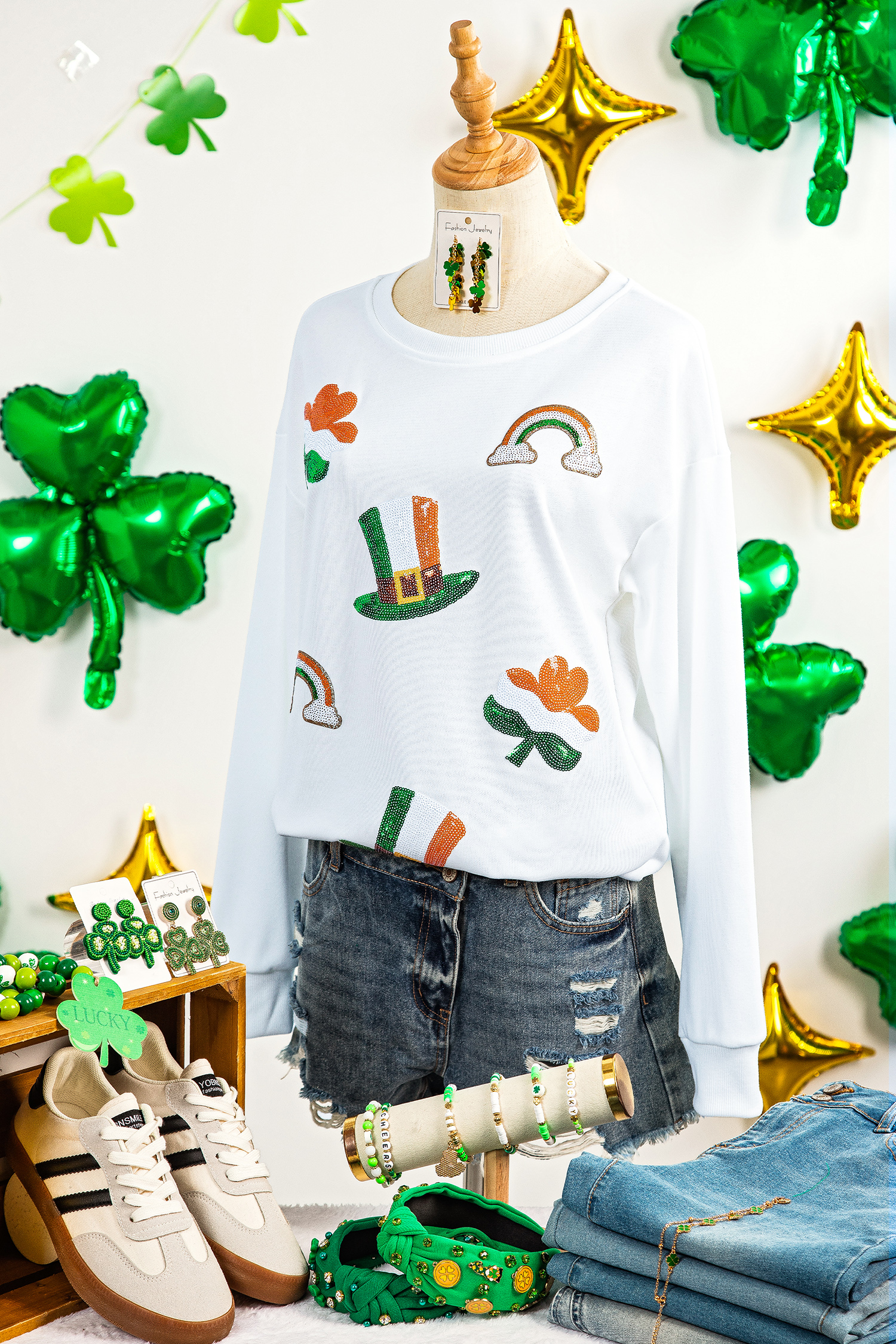 White LUCKY Clover Embroidered Long Sleeve Top