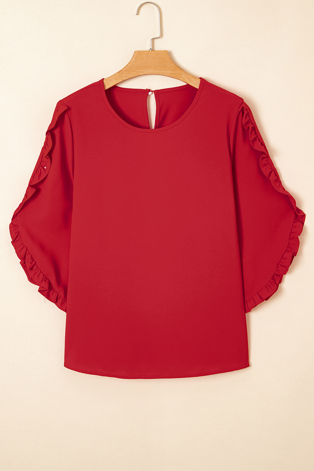 Black Ruffle Trimmed 3/4 Sleeve Round Neck Blouse