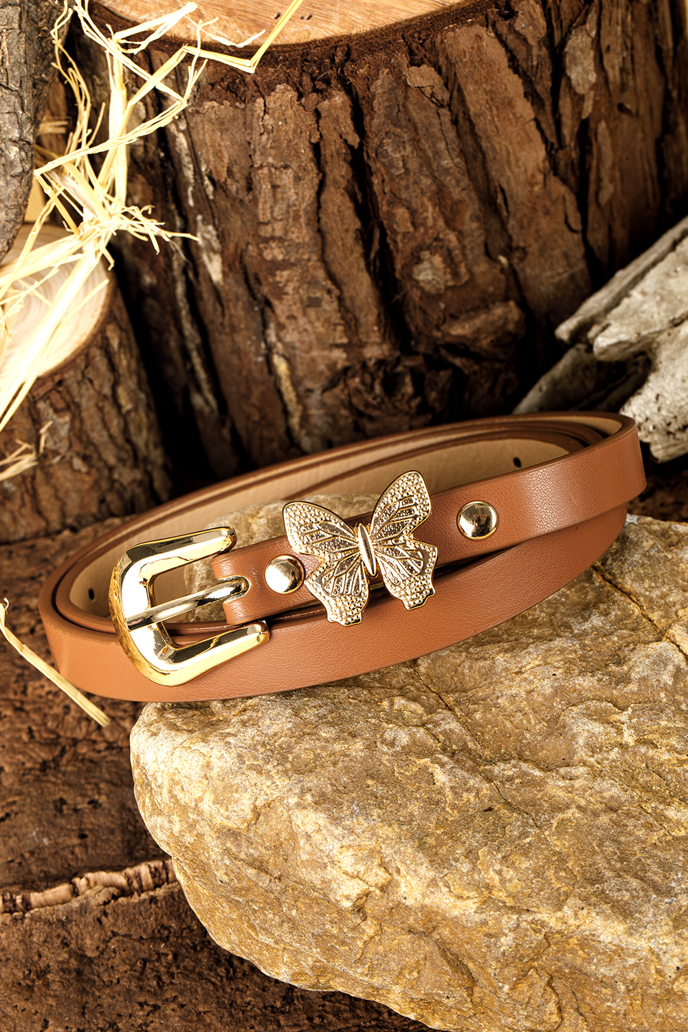 Thai Curry Butterfly Decor Buckle PU Leather Thin Waist Belt