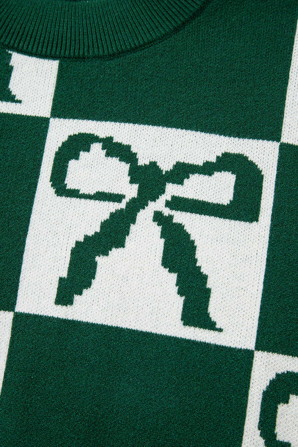 Blackish Green Checkered Bow Print Casual Sweater