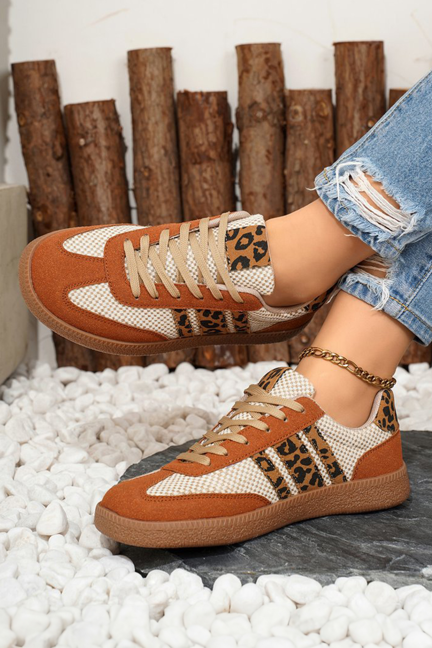 Buckskin Checkered Leopard Color Block Patchwork Lace Up Sneakers