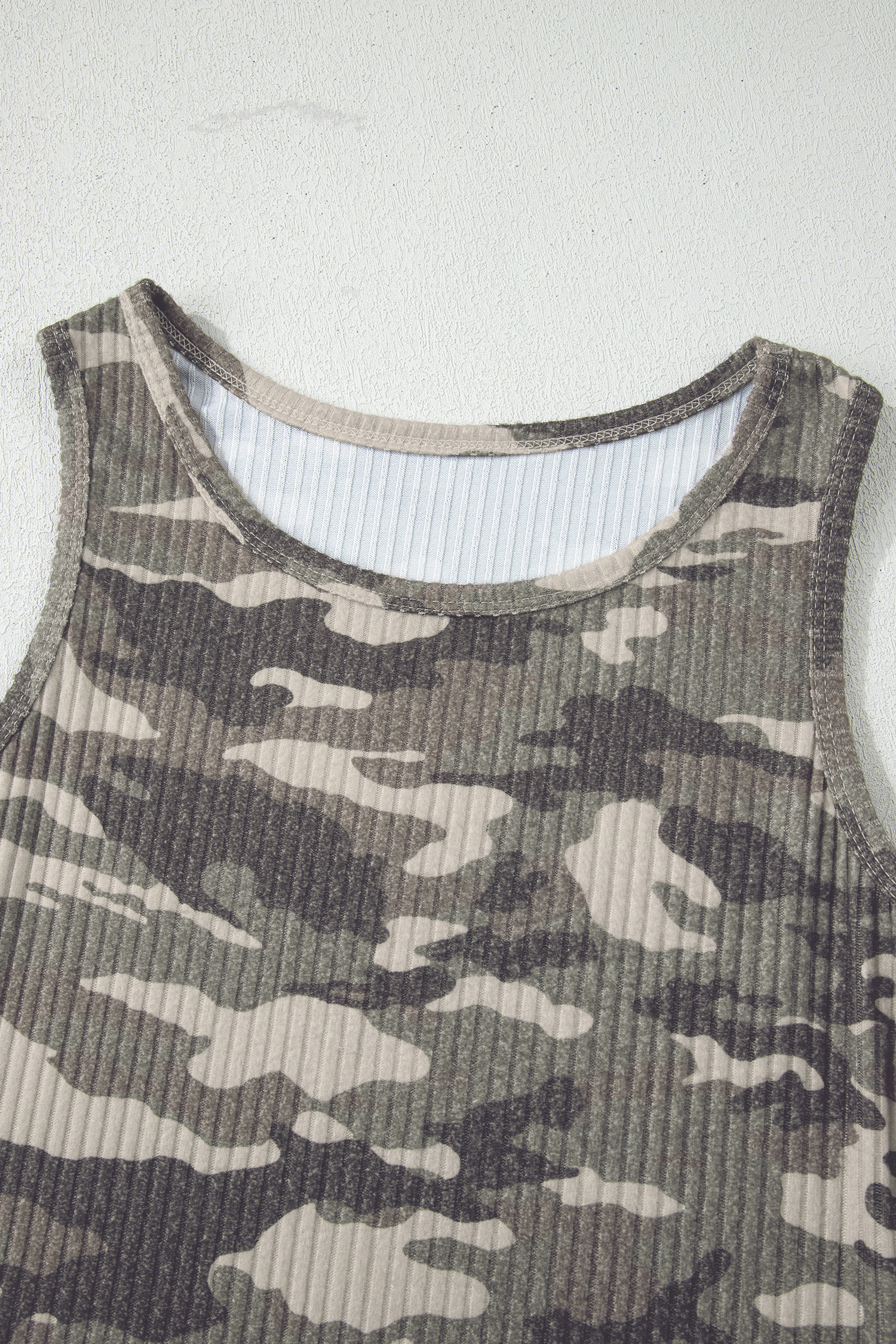 Gray Camouflage Print Ribbed Knit Round Neck Tank Top
