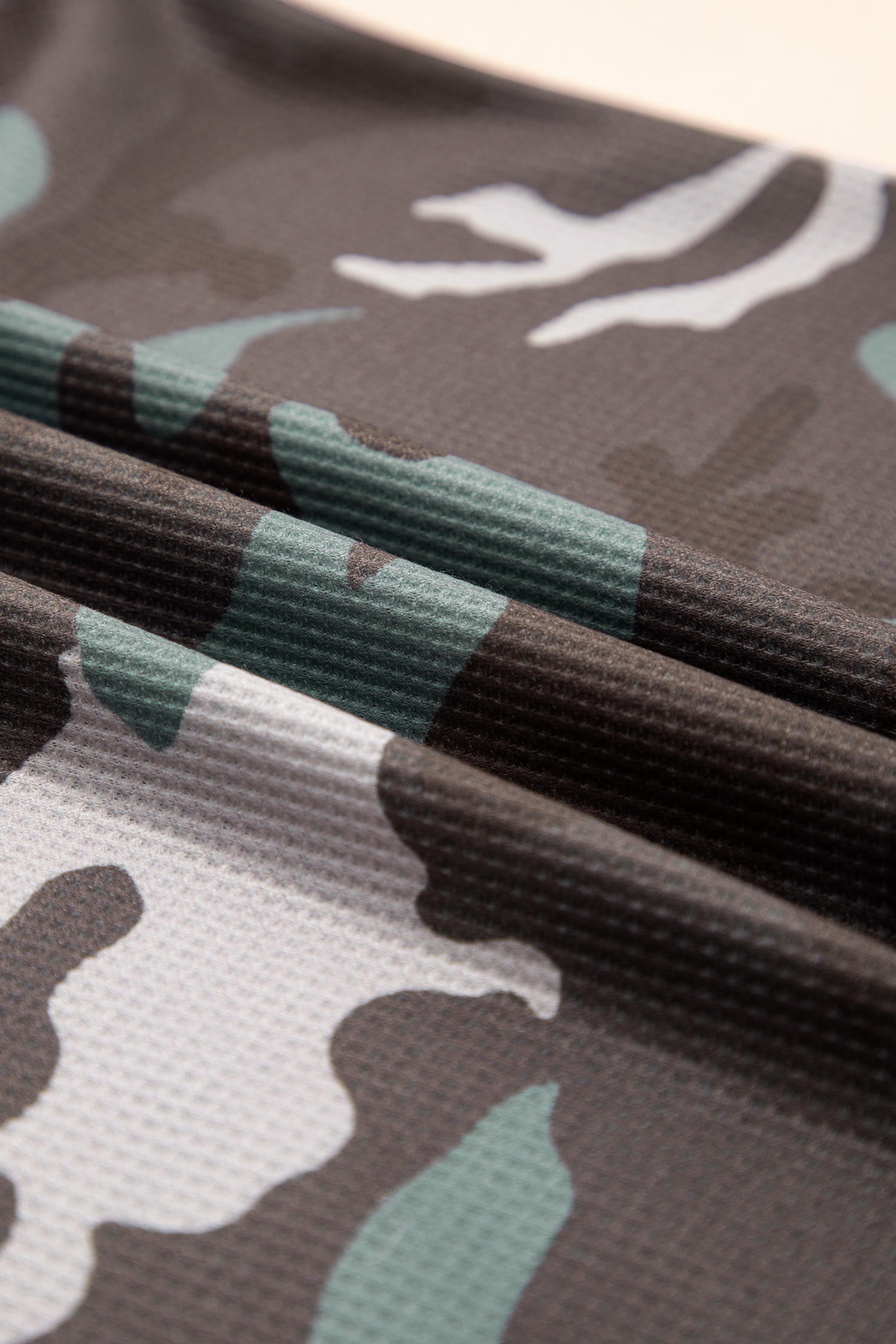 Green Camouflage Print Textured Drop Shoulder Long Sleeve Top