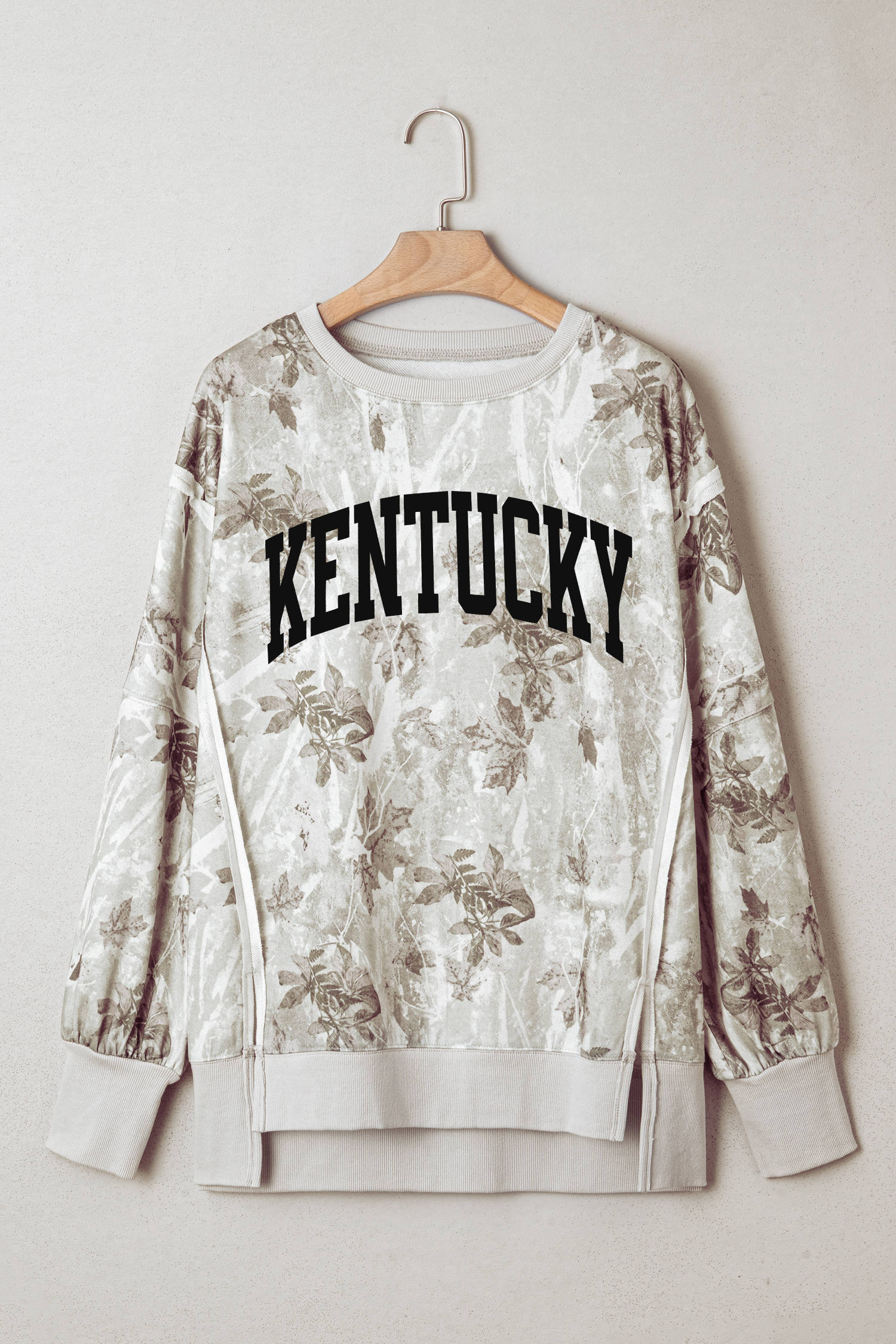 Gray KENTUCKY Raw Seam Detail Leafy Camouflage Baggy Sweatshirt