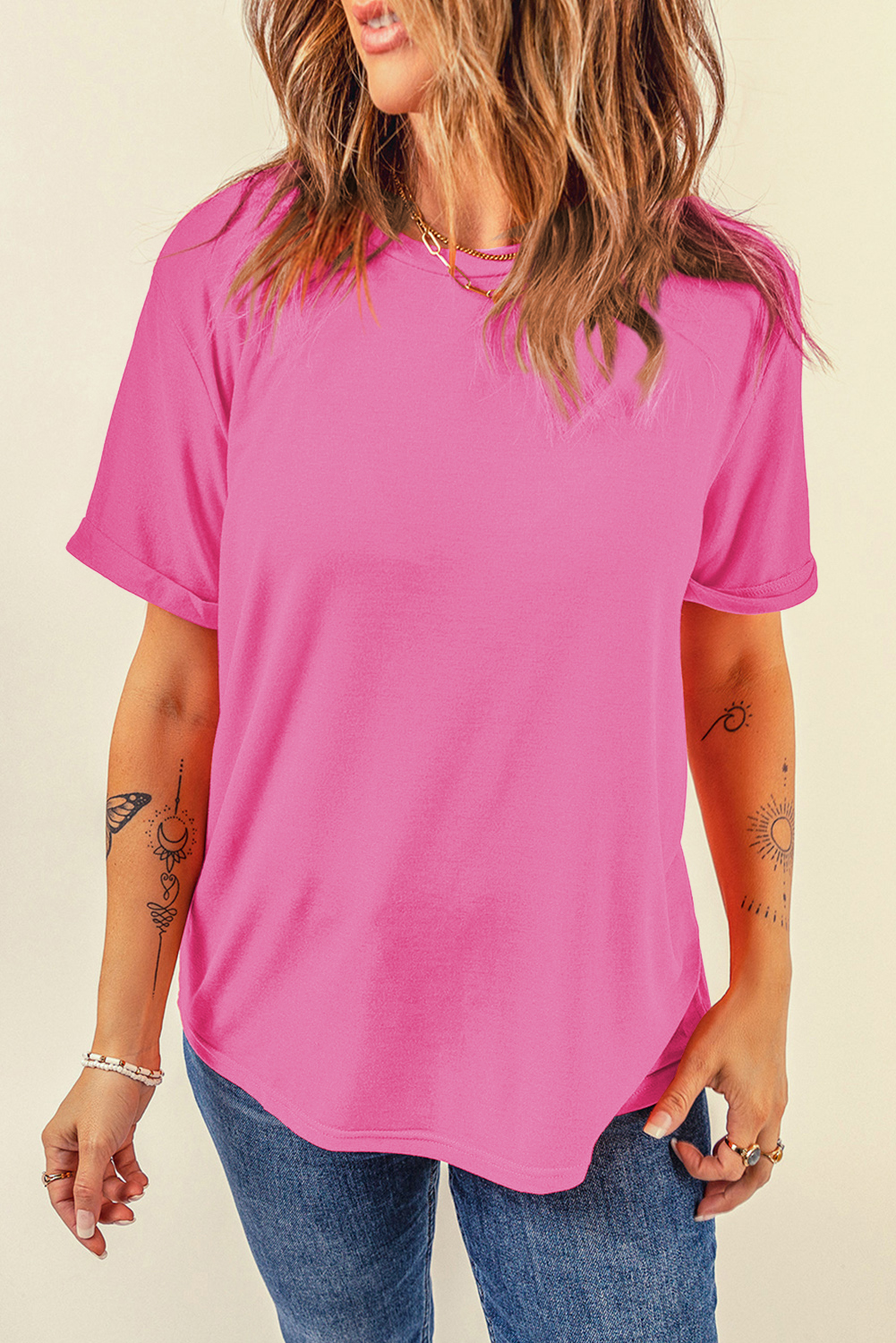 Khaki Casual Plain Crew Neck Tee