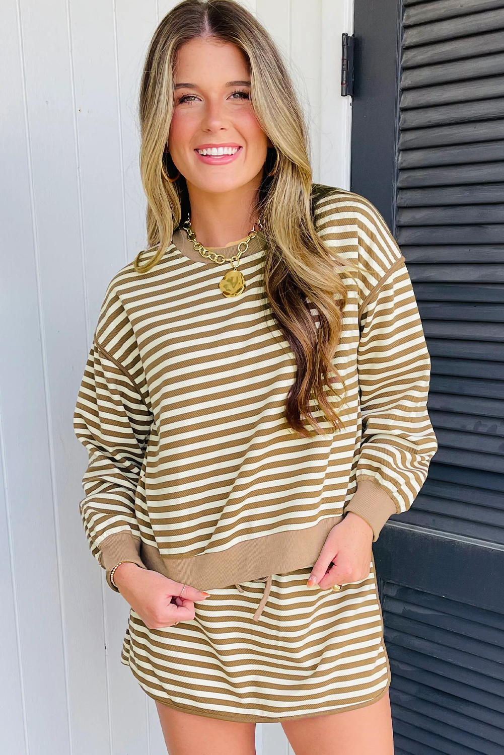 Black Stripe Textured Drop Shoulder Pullover Top Drawstring Mini Skort Two Piece Dress Set