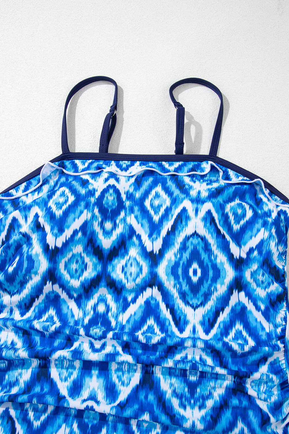 Navy Blue Abstract Print Frilled Trim Spaghetti Straps Tankini Set
