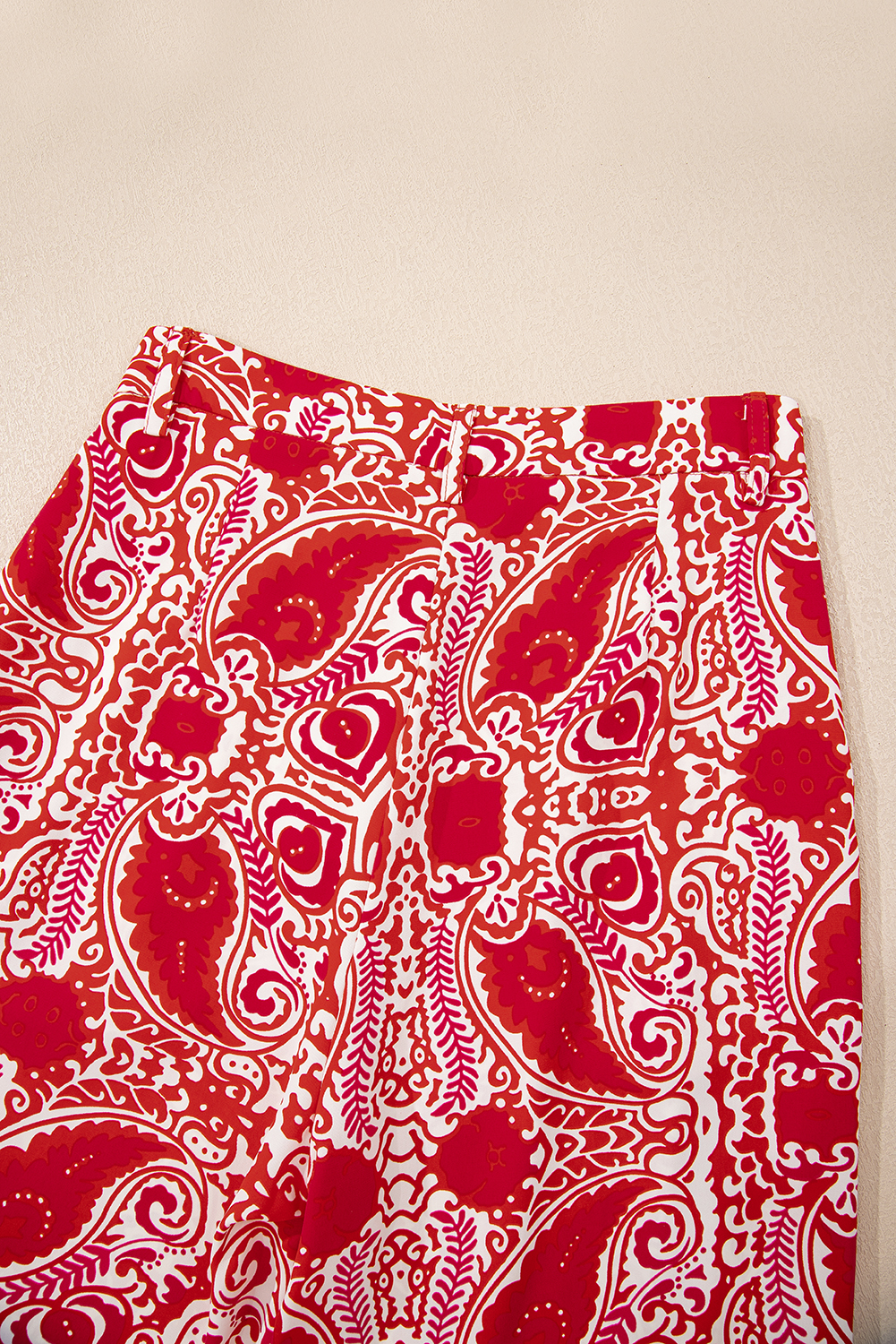 Red Paisley Printed Buttoned High Waist Straight Leg Pants