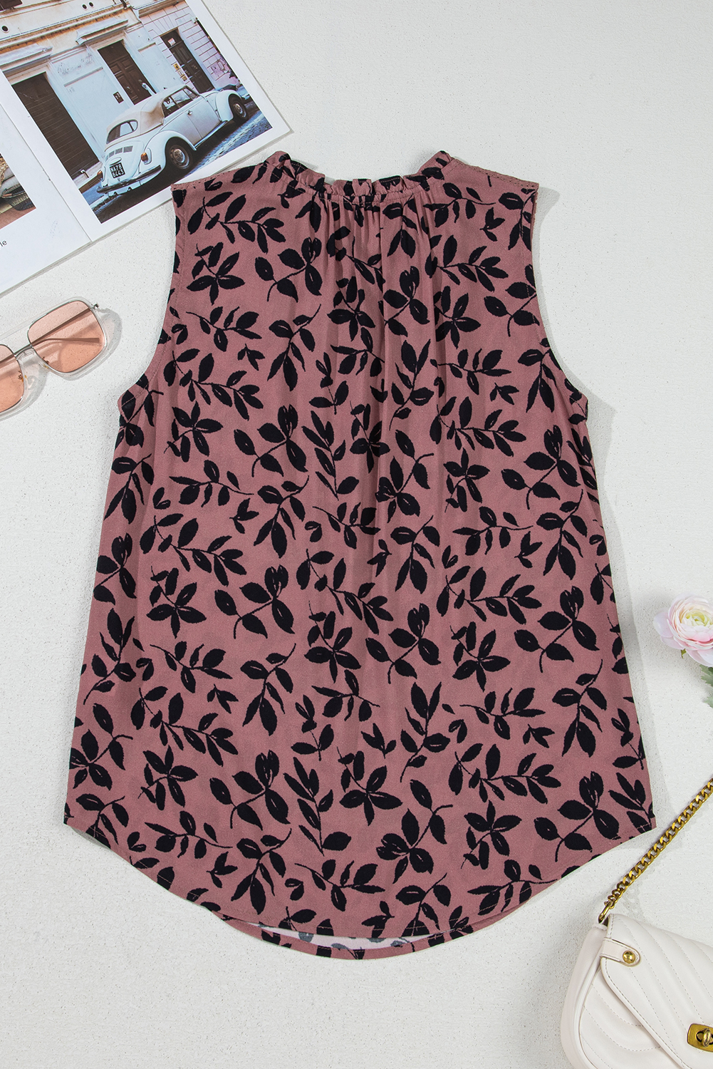 Brown Leaf Print Lace-up V Neck Crinckled Tank Top