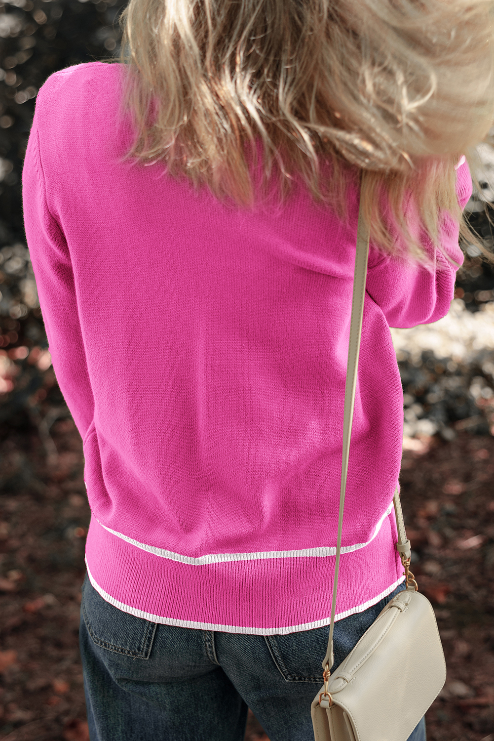Bright Pink Color Contrast Side Pockets Button V Neck Cardigan