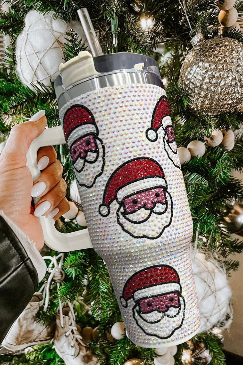 White Christmas Santa Claus Diamond Thermos Cup with Straw 40oz