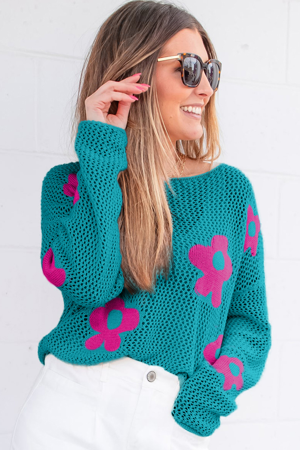 Light Pink Big Flower Hollowed Knit Drop Shoulder Sweater