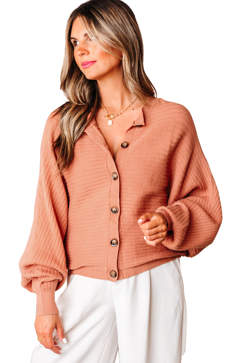 Apricot Pink Wide Rib Knit Button Front Dolman Sleeve Sweater Cardigan