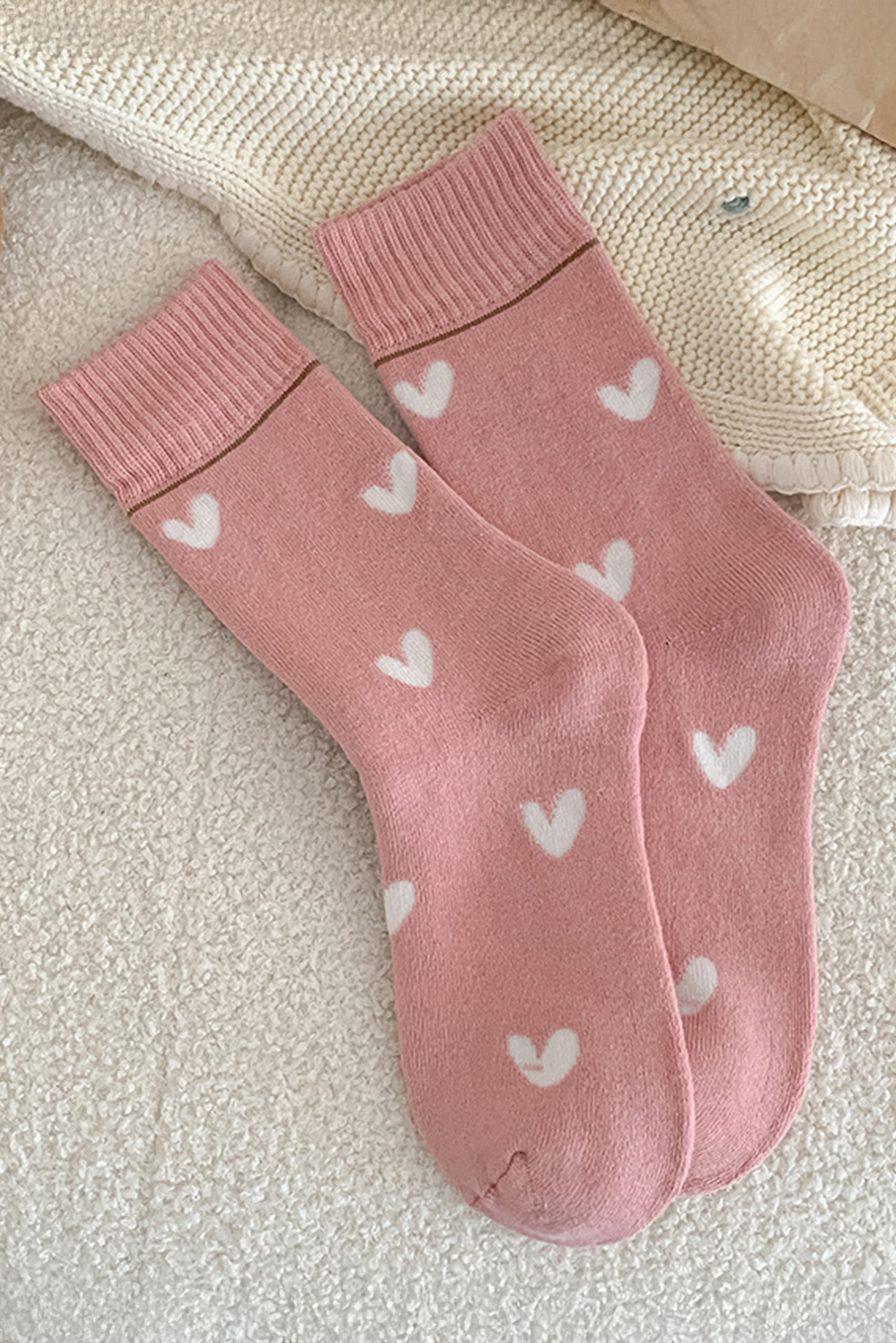 Pink Contrast Heart Print Ribbed Cuff Womens Crew Socks