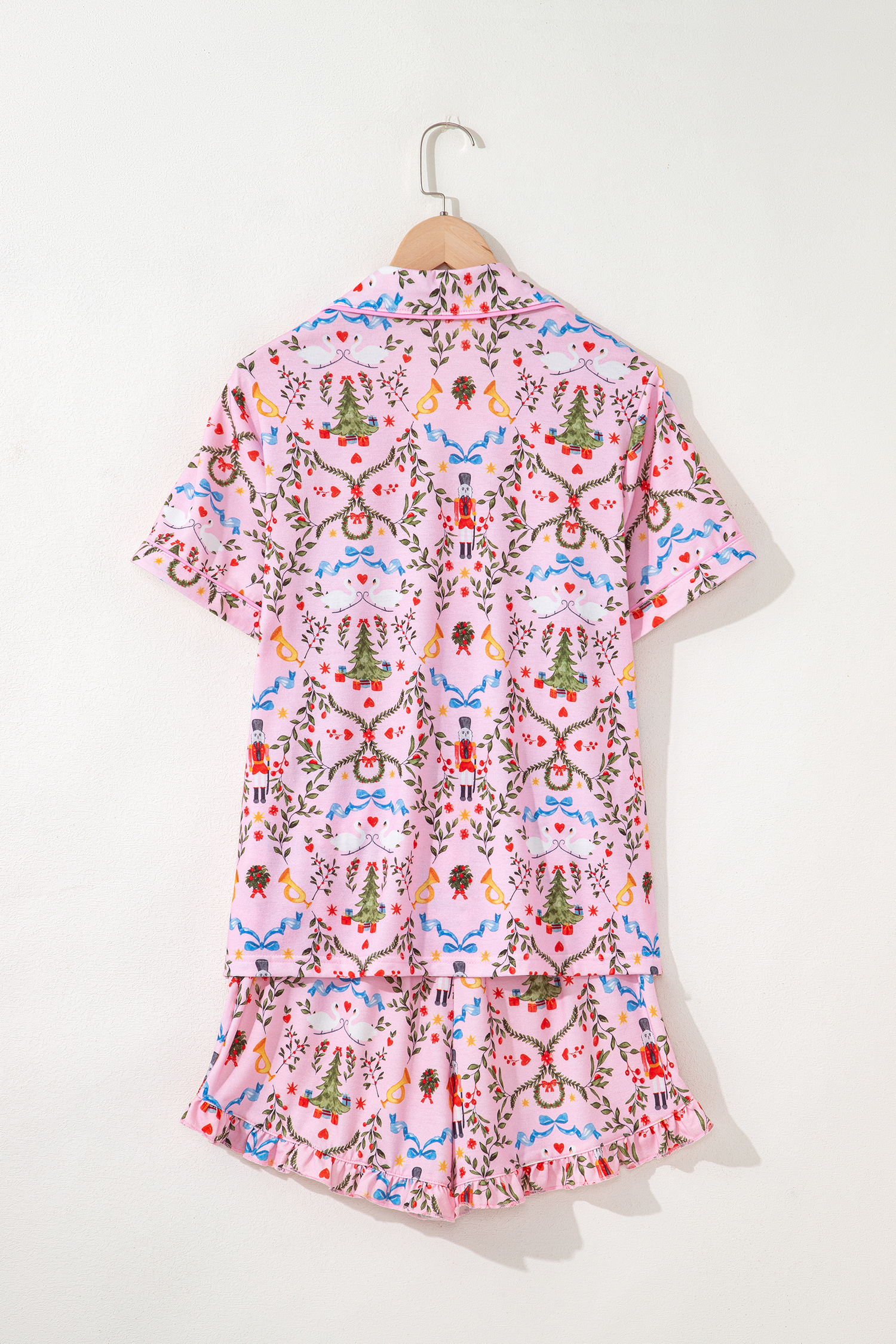 Pink Nutcracker Doll Christmas Print Ribbon Tie Waist Short 2pcs Pajama Set