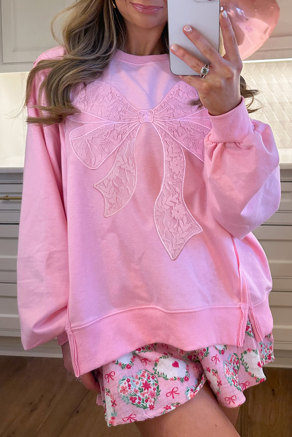 Bonbon Lace Insert Bow Embroidered Exposed Seam Sweatshirt