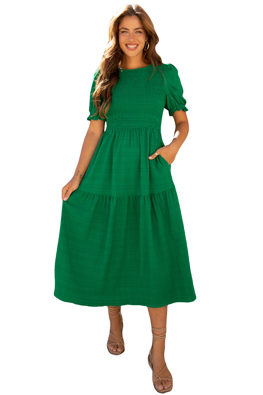 Dark Green Textured Ruffled Sleeve Round Neck Top