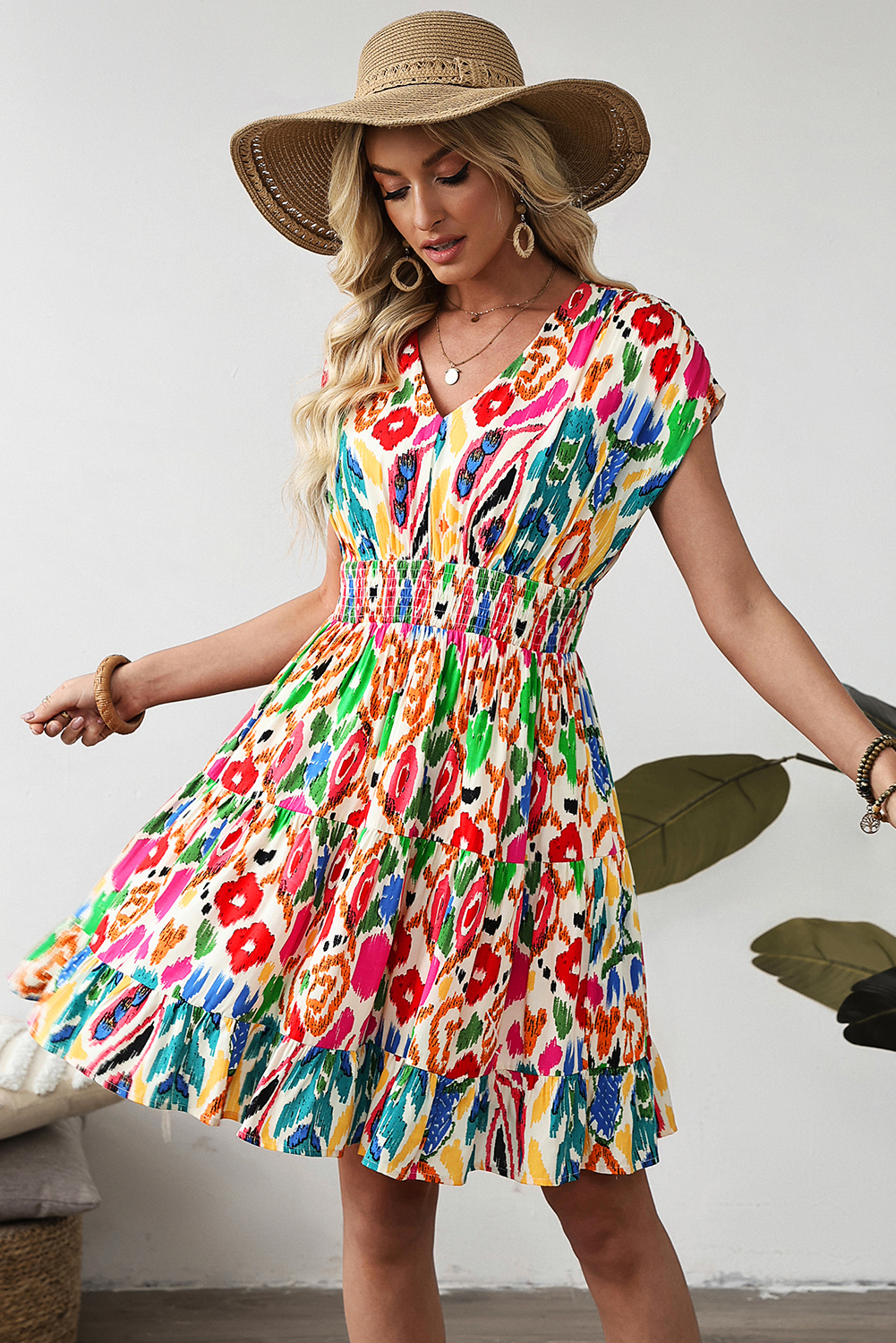 Sky Blue Abstract Print V Neck Dolman Sleeve Ruffle Tiered Mini Dress