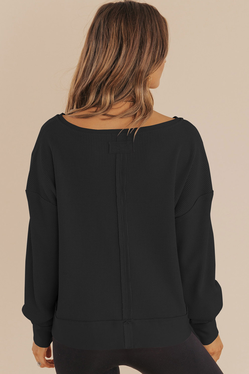 Dark Brown Waffle Knit Notched V Neck Drop Shoulder Solid Sweatshirt