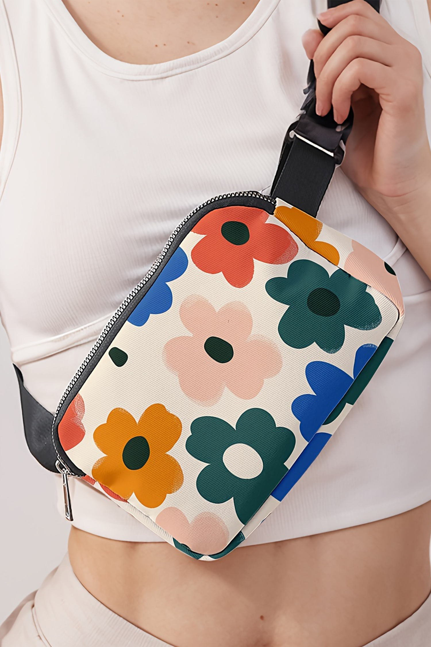 White Cute Flower Printed Canvas Crossbody Bag