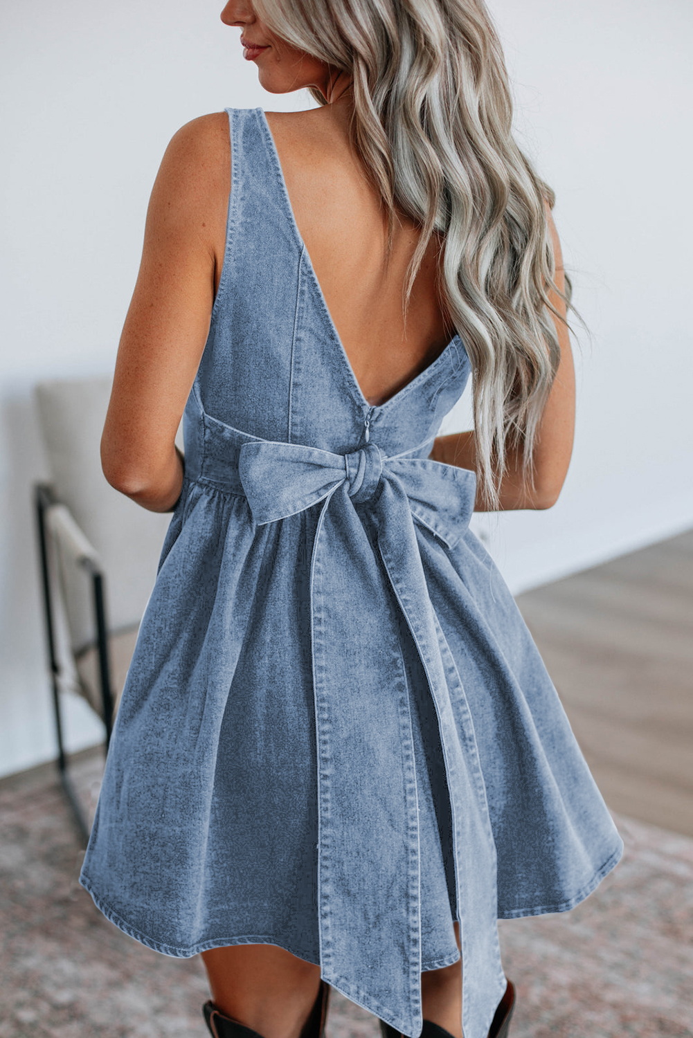 Myosotis Square Neck Bowknot A-line Sleeveless Denim Dress