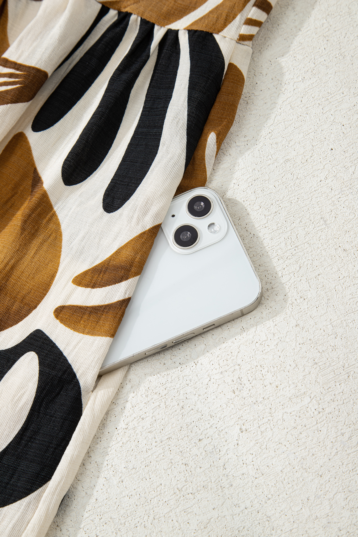 Brown Tropical Printed Contrast Trim Neck Long Sleeve Ruffle Hem Dress