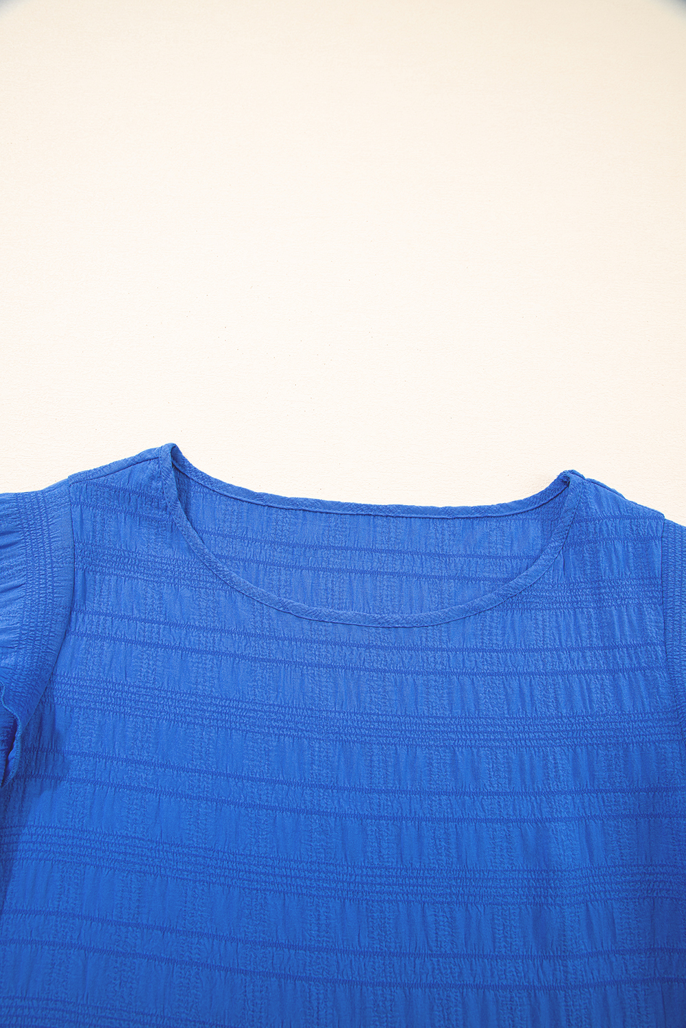 Dark Green Textured Ruffled Sleeve Round Neck Top
