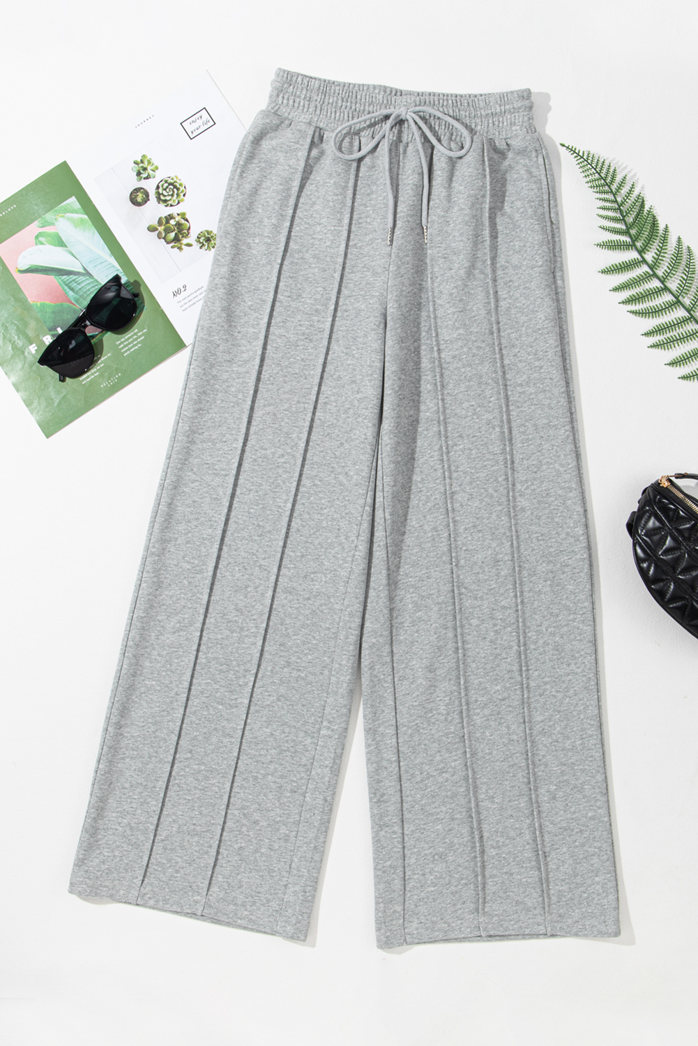 Black Seamed Drawstring High Waist Wide Leg Sweatpants
