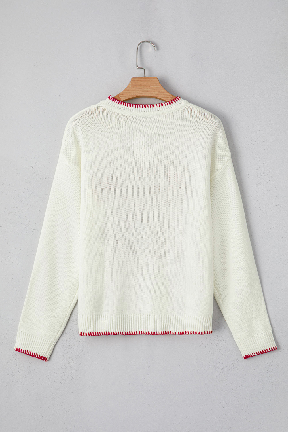 White Bow Pattern Contrast Trim Christmas Loose Graphic Sweater