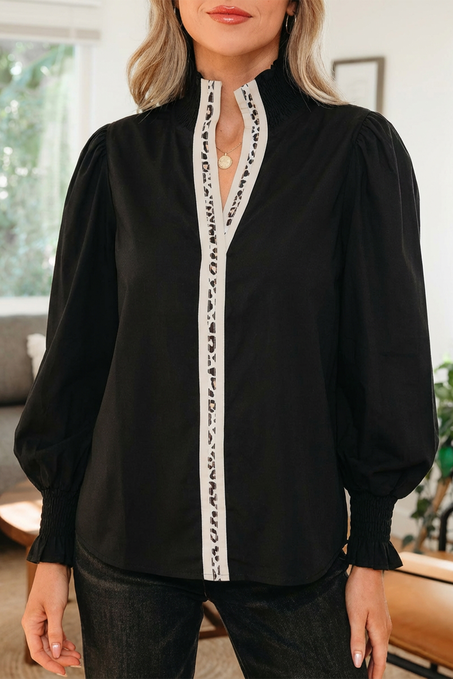 Evergreen Puffy Flounce Sleeve Leopard Trim V Neck Blouse