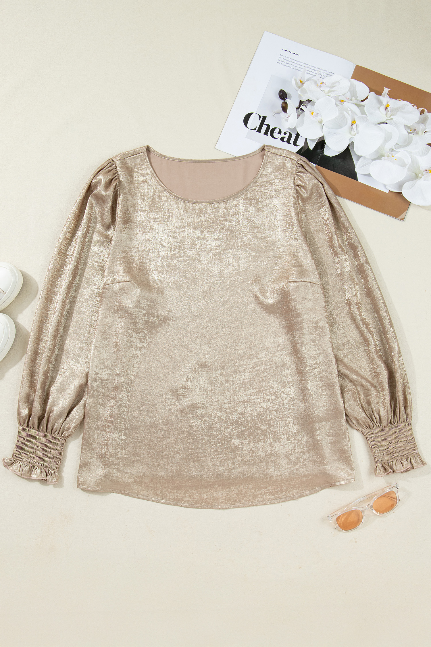 Apricot Metallic Round Neck Smocked Long Sleeve Blouse